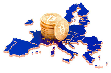Bitcoin cryptocurrency in the European Union, 3D rendering isolated on white backgroundの写真素材