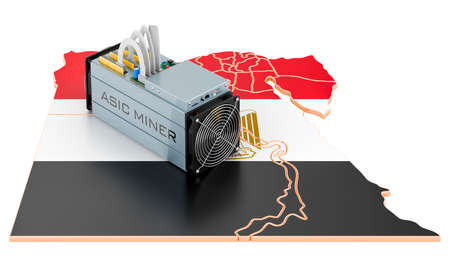 Mining in Egypt, concept. ASIC miner with Egyptian map. 3D rendering isolated on white background
