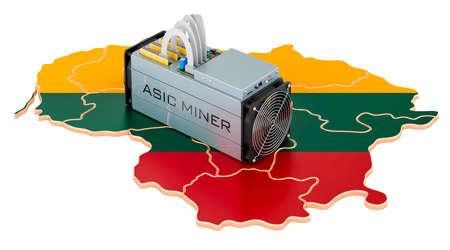 Mining in Lithuania, concept. ASIC miner with Lithuanian map. 3D rendering isolated on white backgroundの写真素材