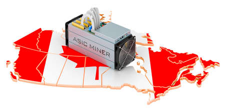 Mining in Canada, concept. ASIC miner with Canadian map. 3D rendering isolated on white backgroundの写真素材