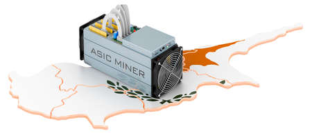 Mining in Cyprus, concept. ASIC miner with Cypriot map. 3D rendering isolated on white backgroundの写真素材