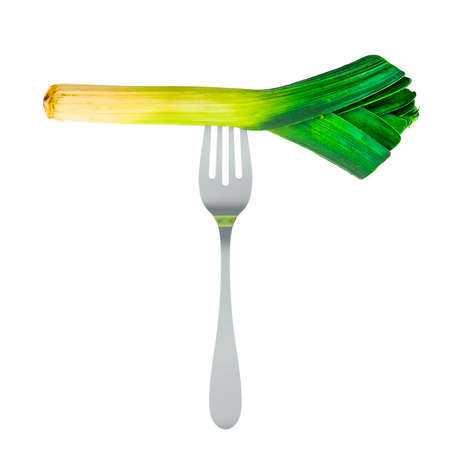 Leek on fork, 3D rendering isolated on white background