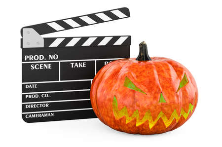 Clapperboard with Halloween pumpkin, 3D rendering isolated on white backgroundの写真素材