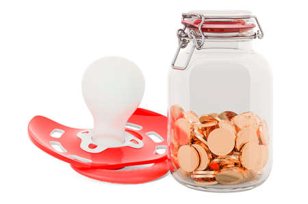 Baby pacifier with glass jar full of golden coins, 3D rendering isolated on white background