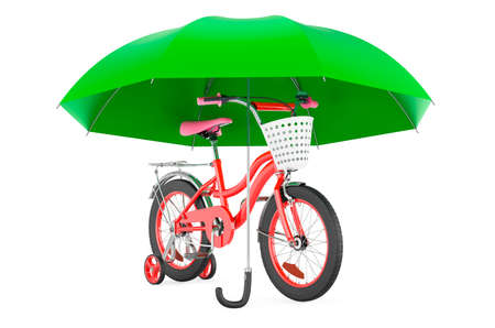 Tricycle kids bicycle under umbrella, 3D rendering isolated on white background