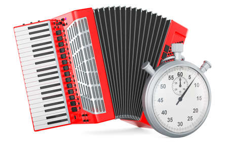 Stopwatch with piano accordion, 3D rendering isolated on white backgroundの写真素材