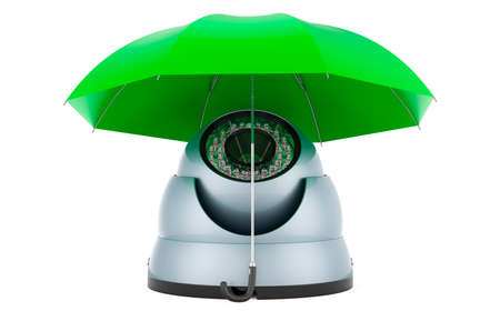 Dome security camera under umbrella, 3D rendering isolated on white background