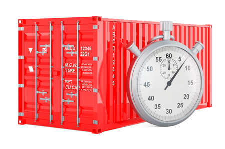 Cargo container with chronometer. Fast delivery concept, 3D rendering isolated on white background
