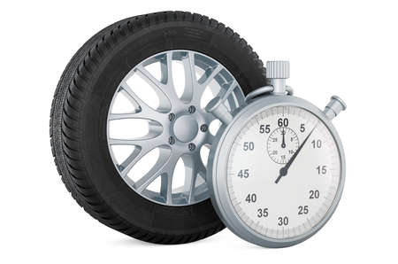 Stopwatch with car wheel, 3D rendering isolated on white background