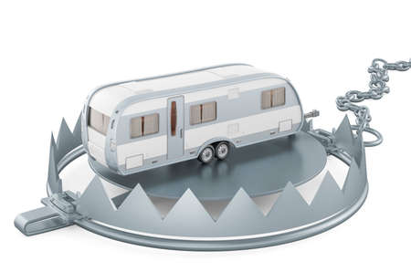 Bear trap with camper trailer, 3D rendering isolated on white backgroundの写真素材