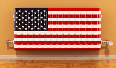 Heating radiator with the United States flag on the wall. Heating in the USA, concept. 3D rendering
