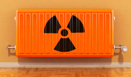 Heating radiator with radiation flag on the wall. 3D rendering