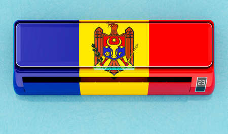 Air conditioner with Moldovan flag on the wall. House climate control system in Moldova, concept. 3D renderingの写真素材