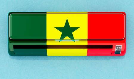 Air conditioner with Senegalese flag on the wall. House climate control system in Senegal, concept. 3D renderingの写真素材