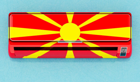 Air conditioner with Macedonian flag on the wall. House climate control system in Macedonia, concept. 3D renderingの写真素材