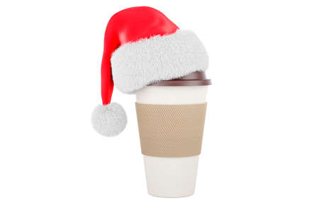 Christmas hot drink concept. Disposable cup of hot drink with Christmas Santa hat. 3D rendering isolated on white backgroundの写真素材