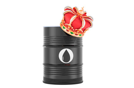Oil barrel with golden crown, 3D rendering isolated on white background
