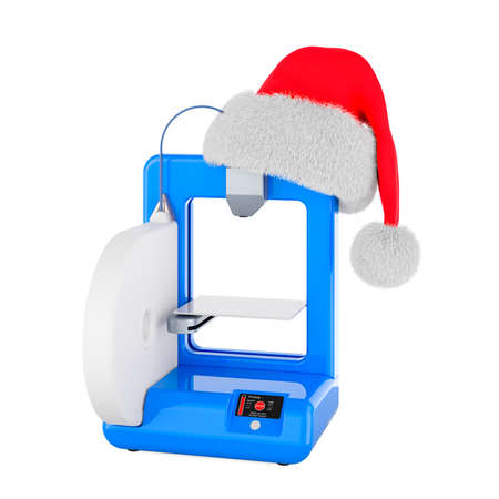 3D printer with Christmas Santa hat. 3D rendering isolated on white background