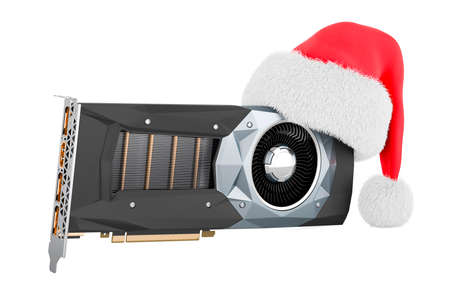 Video card GPU with Christmas Santa hat. 3D rendering isolated on white background