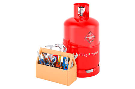 Propane gas cylinder with toolbox. Service and repair of propane gas cylinder, 3D rendering isolated on white backgroundの写真素材