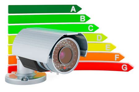 Security surveillance camera with energy efficiency chart, 3D rendering isolated on white background