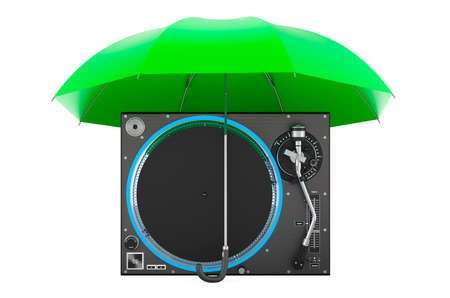 Phonograph under umbrella, 3D rendering isolated on white background