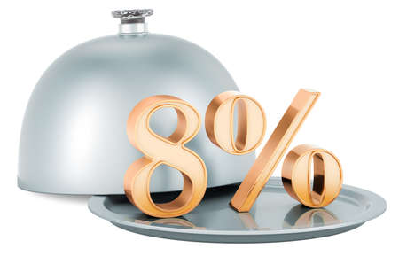 Restaurant cloche with golden 8 percent, sale and discount concept, 3D rendering isolated on white...