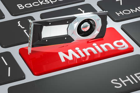 Mining red key. Video card on keyboard. 3D rendering