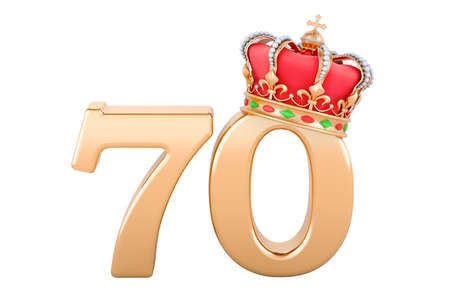 70th anniversary, golden 70 with crown, 3D rendering isolated on white background