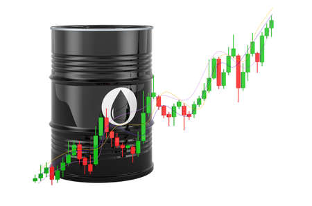Oil barrel with Japanese candlestick red and green chart showing uptrend oil market, concept. 3D rendering isolated on white backgroundの写真素材