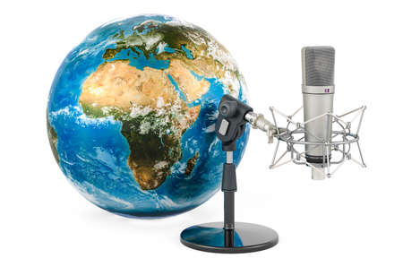 Studio microphone with Earth Globe. 3D rendering isolated on white backgroundの写真素材