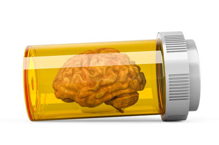 Human brain inside medical bottle from pills. Brain and drugs concept. 3D rendering isolated on...