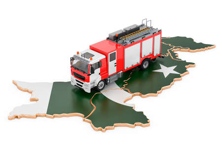 Fire department in Pakistan. Fire engine truck on the Pakistani map. 3D rendering isolated on white...