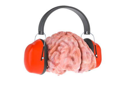 Brain with ear defenders. Protection against noise concept. 3D rendering isolated on white...