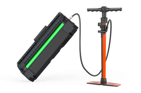 Toner cartridge with hand pump. Refill toner powder concept, 3D rendering isolated on white...