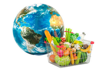 Shopping basket with products and Earth Globe. 3D rendering isolated on white backgroundの写真素材
