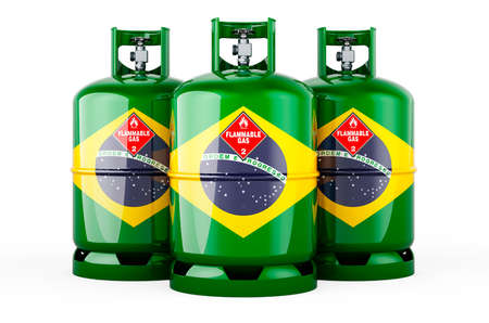 Brazilian flag painted on the propane cylinders with compressed gas, 3D rendering isolated on white...