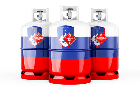 Slovenian flag painted on the propane cylinders with compressed gas, 3D rendering isolated on white...