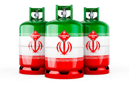 Iranian flag painted on the propane cylinders with compressed gas, 3D rendering isolated on white...