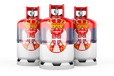 Serbian flag painted on the propane cylinders with compressed gas, 3D rendering isolated on white...