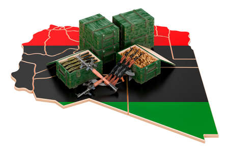 Libyan map with weapons. Military supplies in Libya, concept. 3D rendering isolated on white backgroundの写真素材