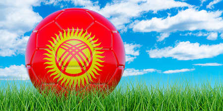 Soccer ball with Kyrgyz flag on the green grass against blue sky, 3D renderingの写真素材