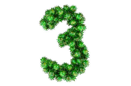 Number 3 from green viruses. 3D rendering isolated on white background