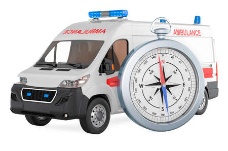Ambulance van with compass, 3D rendering isolated on white backgroundの写真素材
