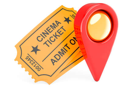Cinema tickets with map pointer. 3D rendering isolated on white backgroundの写真素材