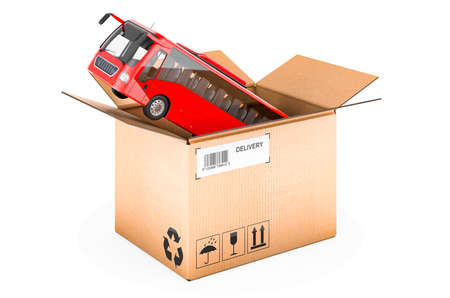 Bus inside cardboard box, 3D rendering isolated on white backgroundの写真素材