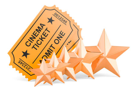 Cinema tickets with five golden stars. 3D rendering isolated on white backgroundの写真素材