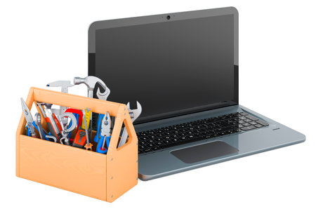 Laptop with tool box. Repair and service of notebook concept. 3D rendering isolated on white backgroundの写真素材