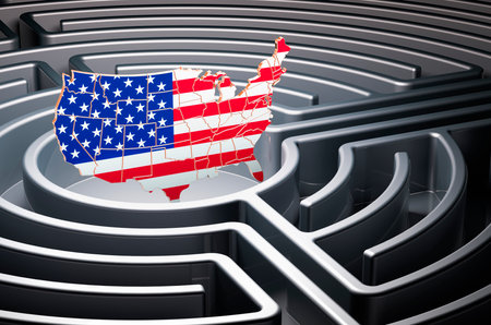 The United States map inside maze, 3D renderingの写真素材