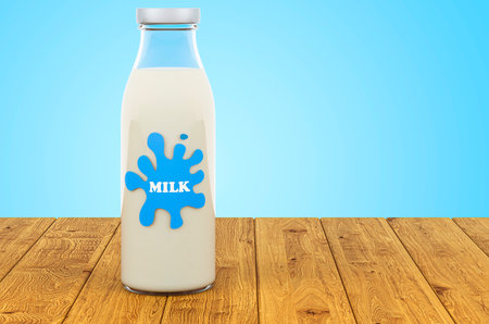 Glass milk bottle on the wooden planks, 3D renderingの写真素材